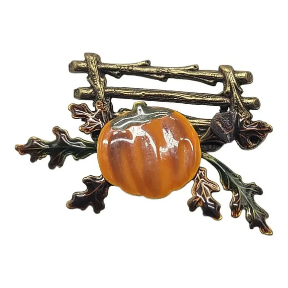 Orange Brown Enamel Pumpkin Leaf Patch Fence High End Halloween Fall Brooch Pin - Picture 1 of 4